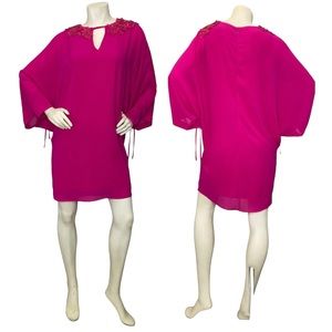 BELLE BADGLEY MISCHKA Fuchsia Pink Floral Jewel Batwing & Lace-up Sleeve Mini